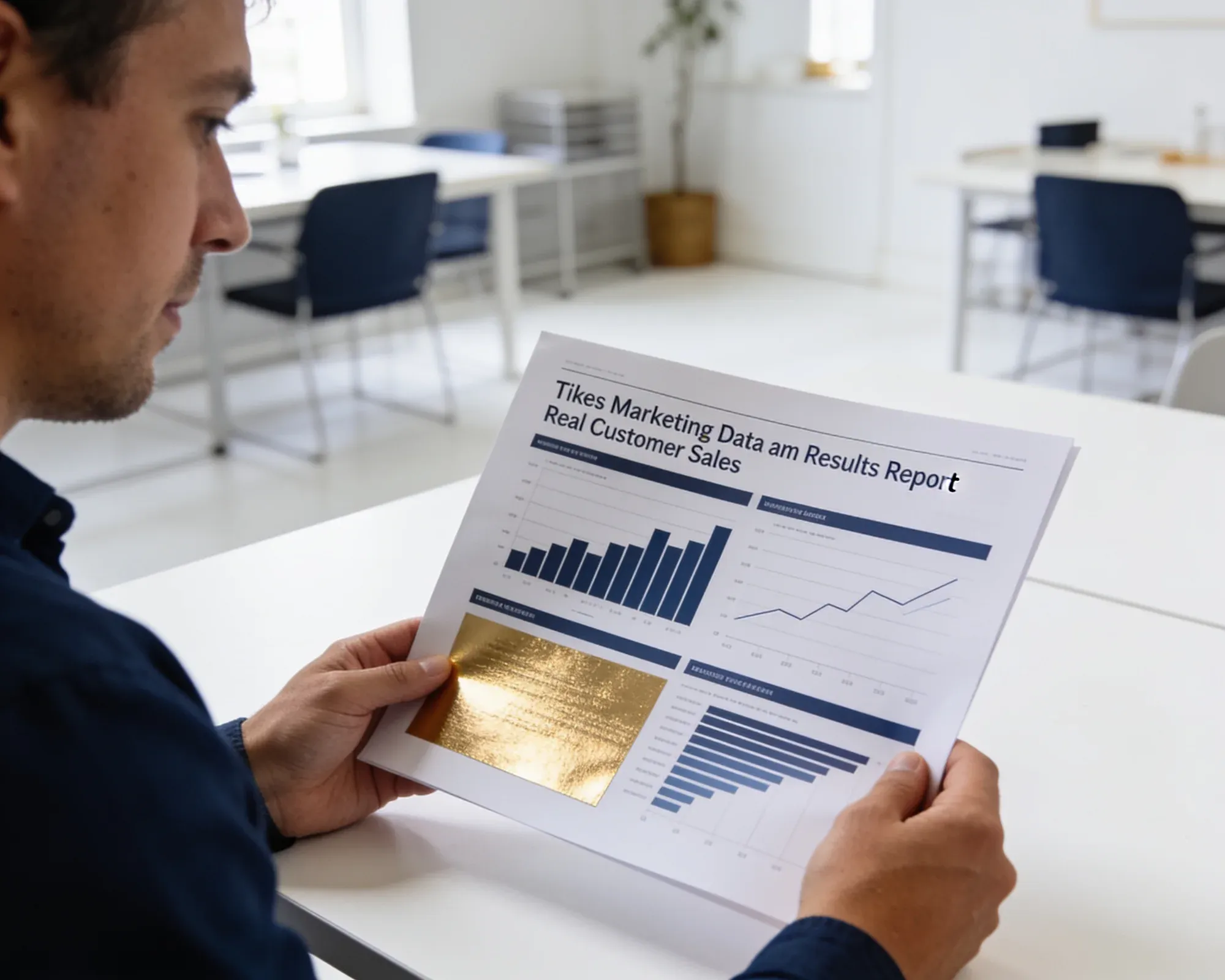 Business owner reviewing a marketing matchback report showing campaign results matched to real customer sales